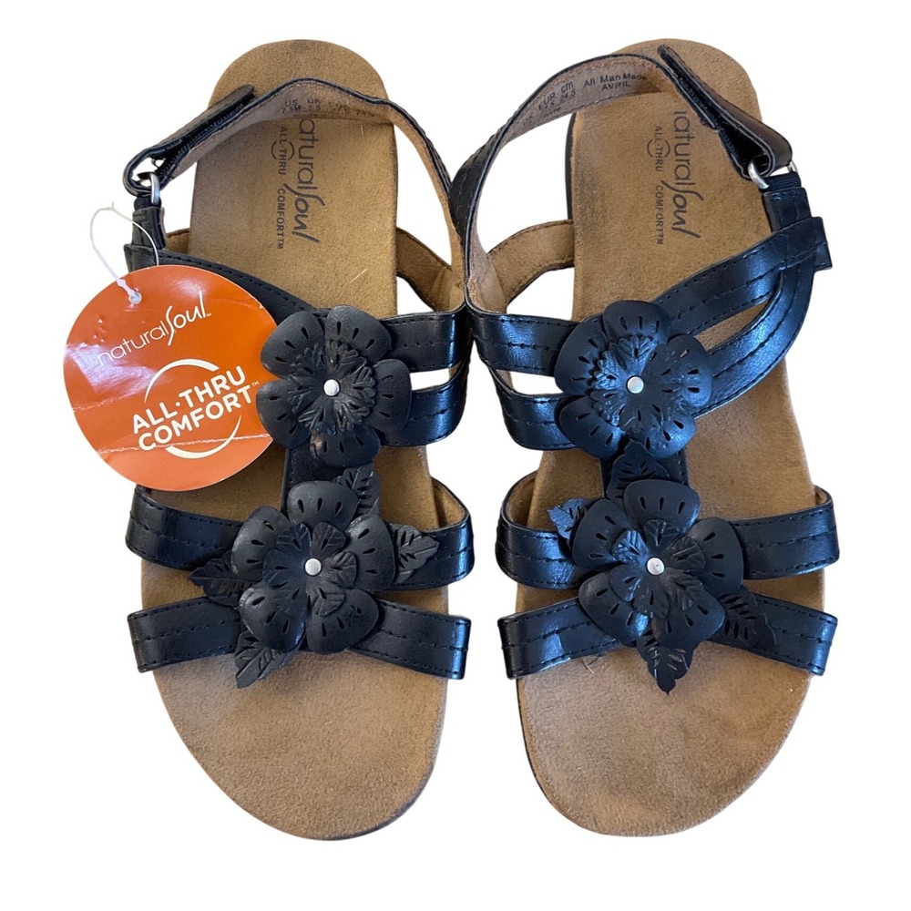 New Natural Soul Avril Floral Sandals Comfort Boho Cottagecore Summer Black 7.5M